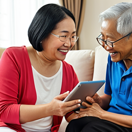 Home 11 **Prompt:** A kind, young mentor helping a smiling senior Malaysian woman learn how to use a tablet with a user-friendly AgeTech application, set in a bright, comfortable living room. Focus on the intergenerational connection and the ease of use of the technology.