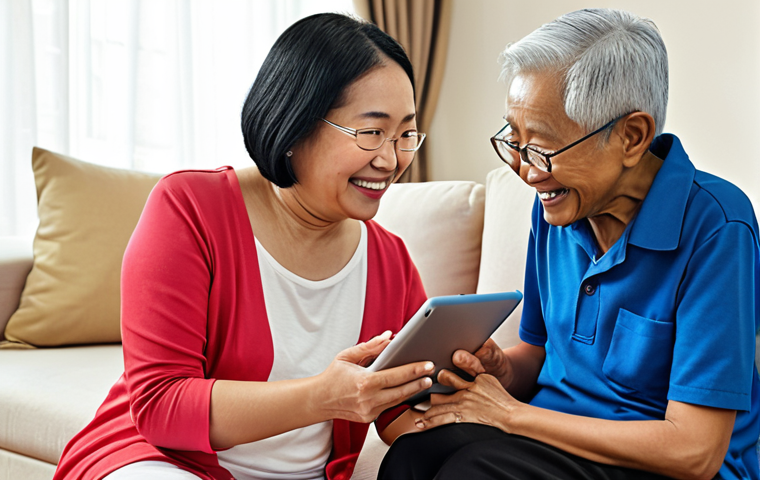 **Prompt:** A kind, young mentor helping a smiling senior Malaysian woman learn how to use a tablet with a user-friendly AgeTech application, set in a bright, comfortable living room. Focus on the intergenerational connection and the ease of use of the technology.