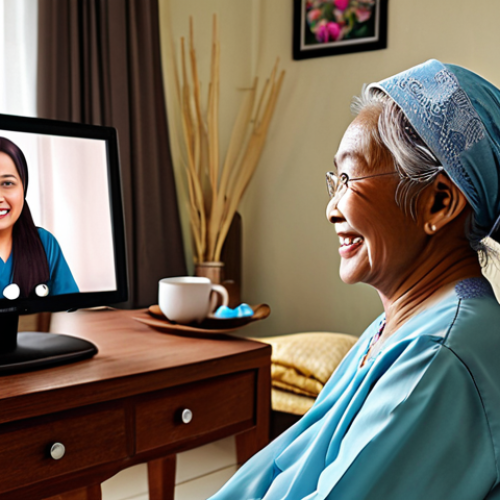 Home 6 A warm, inviting scene of an elderly Malay woman happily participating in a video call with her doctor. She is comfortably seated in her living room, which is decorated with traditional Malaysian elements. The doctor appears friendly and reassuring on the screen. This image should highlight the benefits of telemedicine for elderly Malaysians, emphasizing accessibility and convenience.