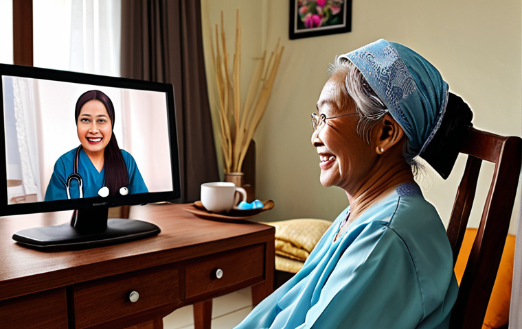 A warm, inviting scene of an elderly Malay woman happily participating in a video call with her doctor. She is comfortably seated in her living room, which is decorated with traditional Malaysian elements. The doctor appears friendly and reassuring on the screen. This image should highlight the benefits of telemedicine for elderly Malaysians, emphasizing accessibility and convenience.
